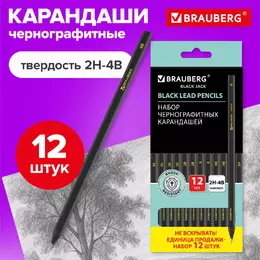 Карандаши чернографитные BRAUBERG НАБОР 12 шт., «Black Jack», 2Н-4В, без резинки, черные, дерево, заточенные, 180620 - Полиграфия