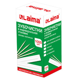 Зубочистки деревянные LAIMA, КОМПЛЕКТ 1000 штук, в индивидуальной бумажной упаковке, 604771 - Полиграфия