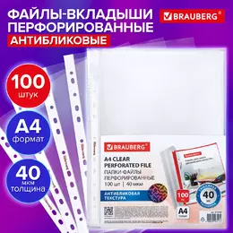Папки-файлы перфорированные с антибликовой текстурой А4 BRAUBERG PIXEL, КОМПЛЕКТ 100 шт., 40 мкм, 273009 - Полиграфия