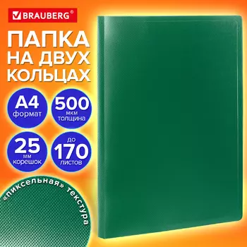 Папка на 2 кольцах А4 BRAUBERG PIXEL, 25 мм, темно-зеленая, до 170 листов, 0,5 мм, 273033 - Полиграфия