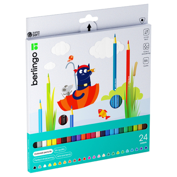 Карандаши цветные Berlingo "SuperSoft. Жил-был кот", 24цв., трехгран., заточен., картон, европодвес, 297238 - Полиграфия