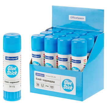 Клей-карандаш OfficeSpace, 36г, дисплей, ПВА, 158724 - Полиграфия